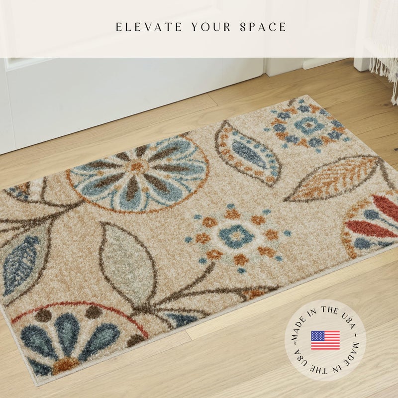 Maples Rugs Reggie Floral Kitchen Rug - Made in USA - Washable, Non Slip Indoor Carpet for Entryway, Foyer, Kitchen, and Bathroom, 1'8 x 2'10, Beige - Image 2